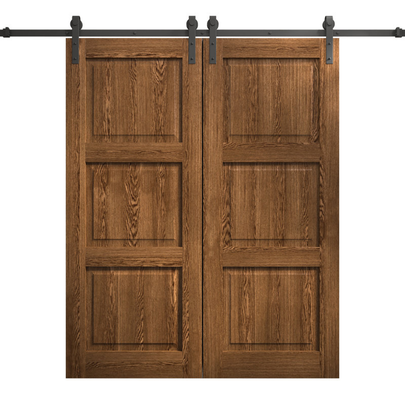 Porte de grange double moderne | Ego 5010 | Ensemble de rail | Portes intérieures solides, Chêne cognac, 48 po x 84 po