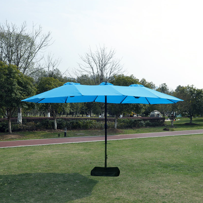 Grand parasol rectangulaire double 15x9ft pour l'extérieur avec lumière et base, Bleu