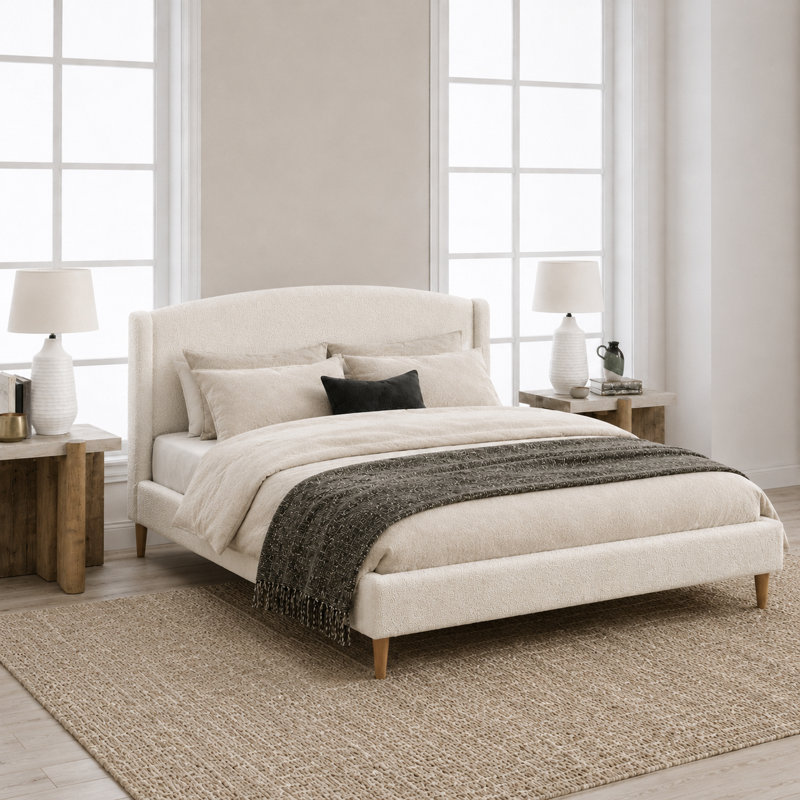  Queen Size French Retro Wingback Bed Frame, Teddy Fabric Upholstered, Sturdy Slat Support, No Box Spring Needed, Easy Assembly, Beige