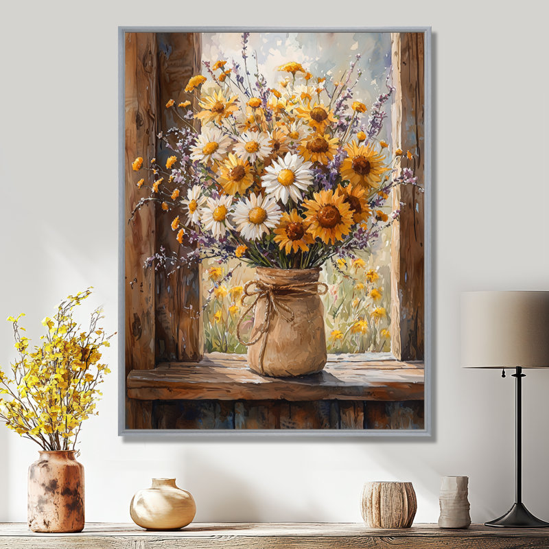 Galloway Barn Daisies Bouquet In Vase II - marguerites, impressions sur toile, H 40 po x l 30 po, Argent argent