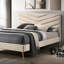 Lit double avec flanelle douce beige et tête de lit Mid-Century moderne avec cadre doré-1080923583