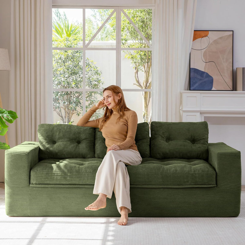 Canapé en velours côtelé de 63 po avec deux coussins inclus, P 35,4 po x l 79 po x H 15,7 po, Vert foncé