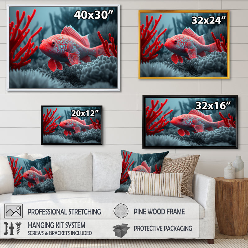 «Muallaly Tropical Fish in Blue and Red II», reproduction sur toile, L 40 po x H 30 po, Toile avec cadre flottant or