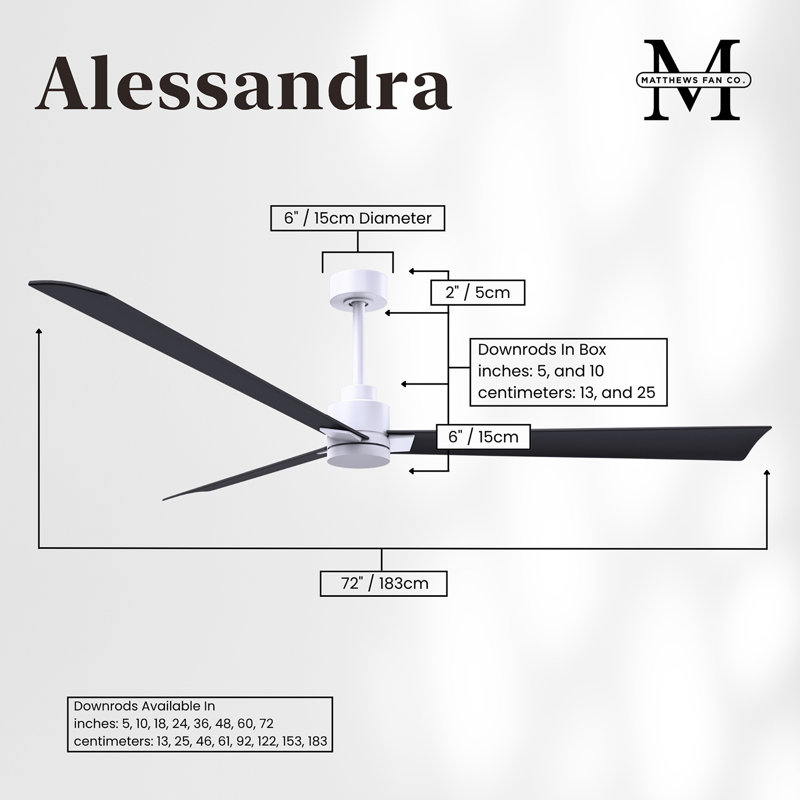 Alessandra Outdoor Downrod Ceiling Fan, Matte White, Matte Black