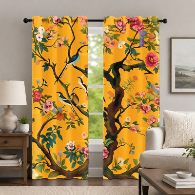 2Pcs Yellow Floral and Bird Print Curtains, Vintage Style Drapery, Elegant Botanical Garden Pattern Printed Art Grommet Drapes, Window Treatment for Bedroom Living Room Decor