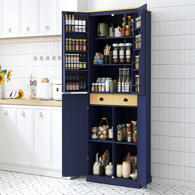 Grande armoire de rangement haute autoportante avec 2 tiroirs, 2 tablettes réglables, 8 tablettes de porte pour la cuisine, la salle à manger