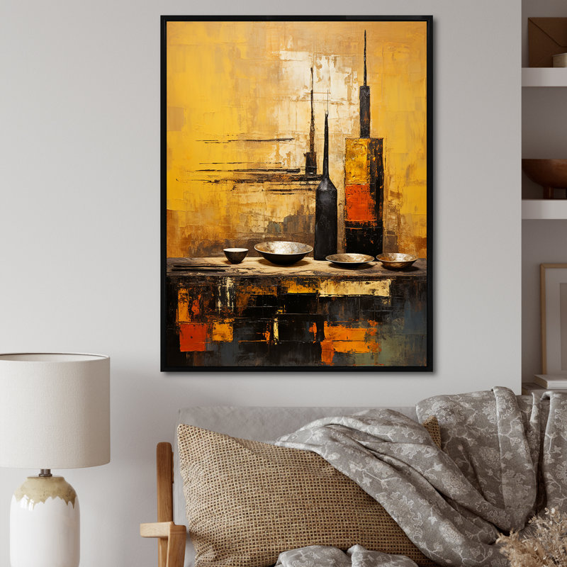 Art mural jaune, poterie élégante jaune, Cadre flottant noir, H 20 po x l 12 po x P 1 po