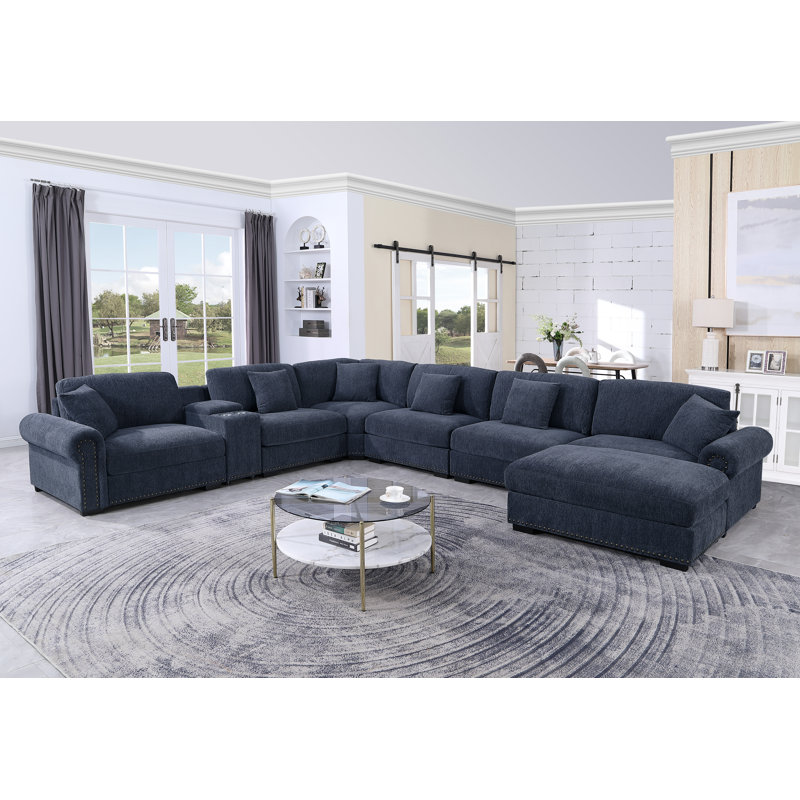 Stimpson 7-Seater Modular Sectional with Cup Holders, Dark Blue Chenille