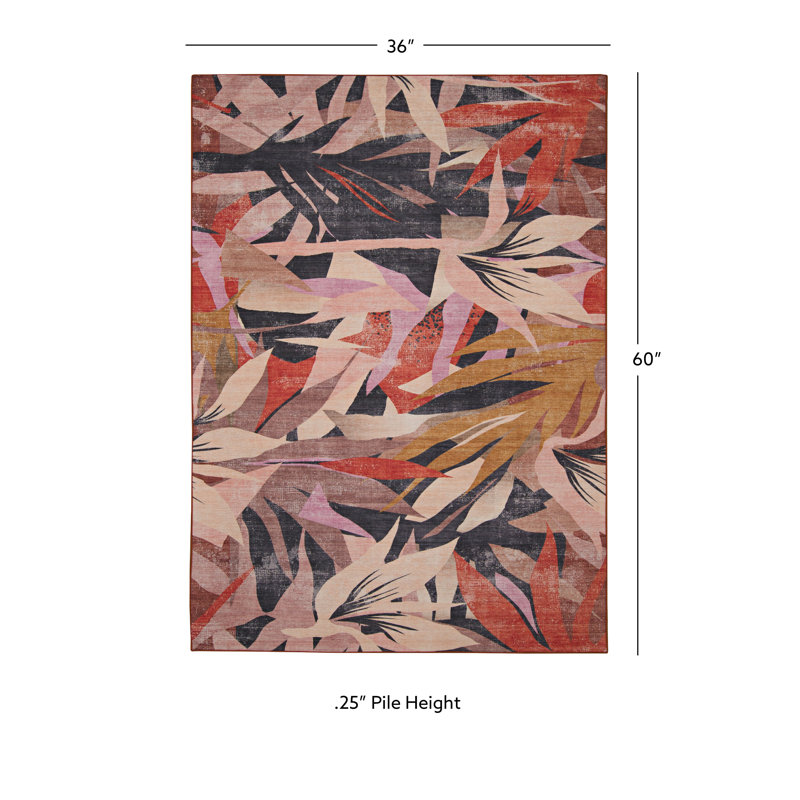 Tapis orange lavable floral Kivett, Rectangle 3 pi x 5 pi