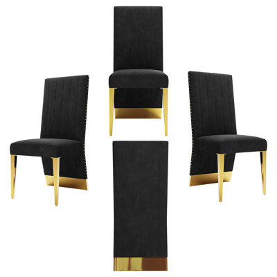 Chaises de salle à manger en velours noir, chaises de salle à manger noires et dorées, chaises de salle à manger rembourrées modernes avec pieds en acier inoxydable en miroir, garniture cloutée et dossier haut, ensemble de 4