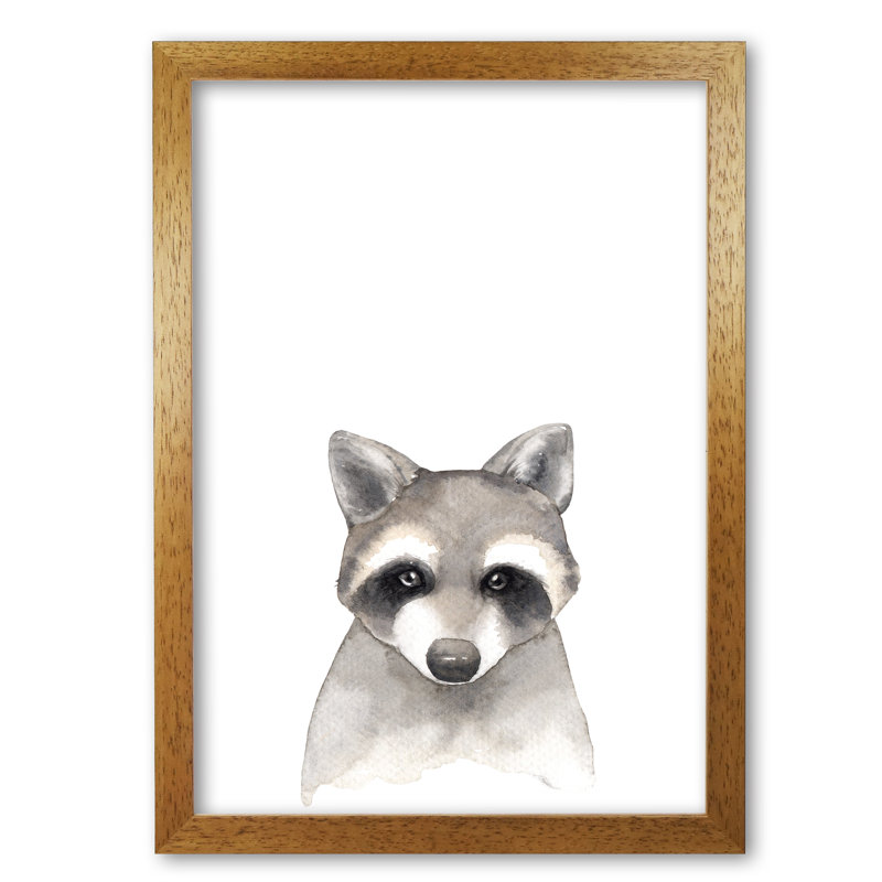 Forest Friends, Cute Raccoon - Painting, 60 cm H x 42 cm W x 5 cm D, Honey Oak Frame