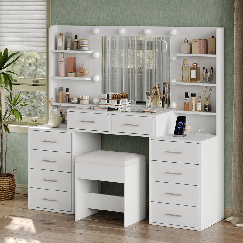 55'' W Makeup Vanity With Mirror & Lights, 10 Drawers Vanity Desk With Charging Station, 6 Open Shelves, 3 Lighting Modes Brightness Adjustable, Glass Top Vanity With Chair