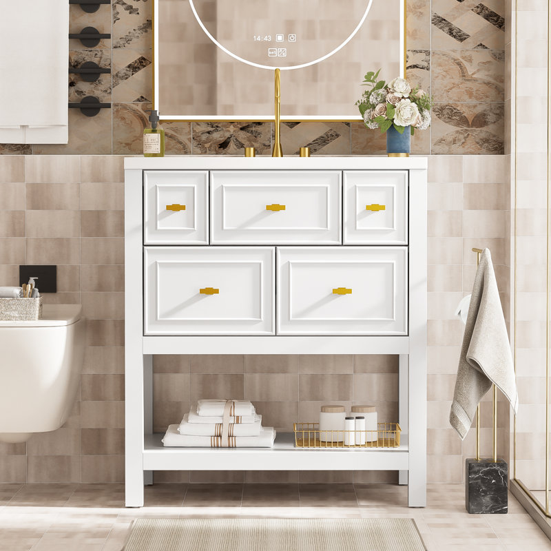 Meuble-lavabo en céramique 30 po - blanc, bois massif, 5 tiroirs, style moderne avec structure en bois