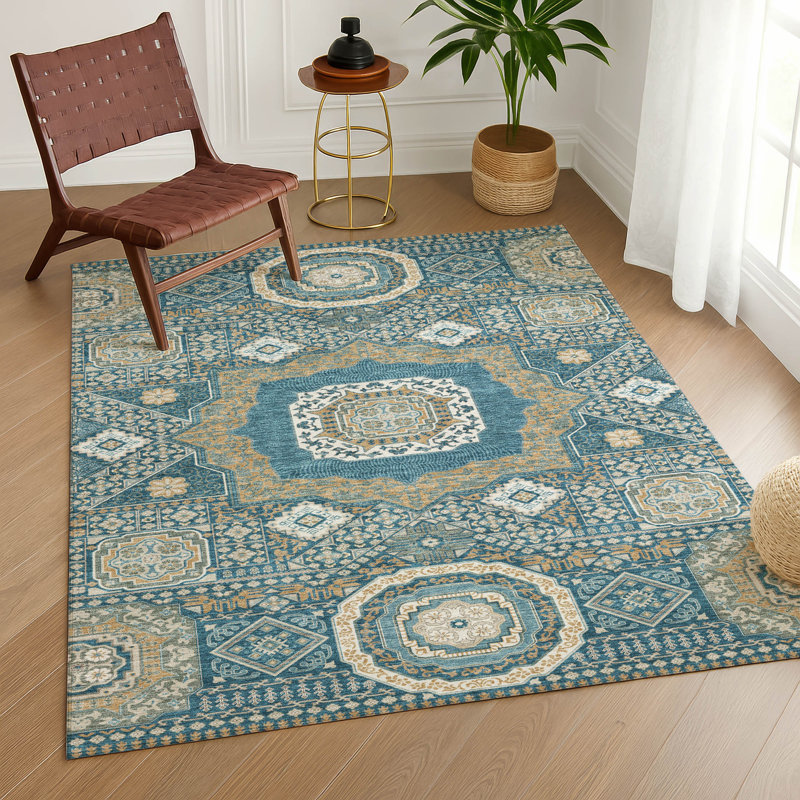 Machine Washable Indoor/Outdoor Chantille ACN2525 Traditional Rug, Teal, Rectangle 8' x 10'