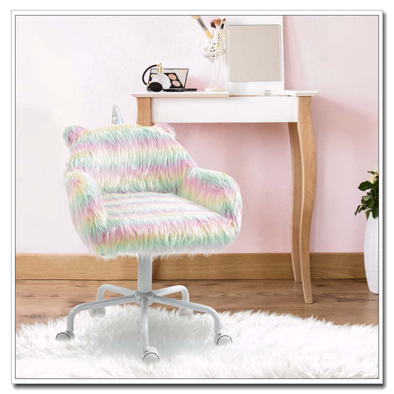 HOMCOM Fluffy Unicorn Office Chair With Mid-Back And Armrest Support,5 Star Swivel Wheel White Base,Rainbow