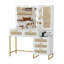 Bureau de coiffeuse moderne avec miroir lumineux - 5 tiroirs, 7 tablettes, prises de courant et USB, éclairage réglable - coiffeuse de chambre à coucher, blanc et or - rotin jaune
