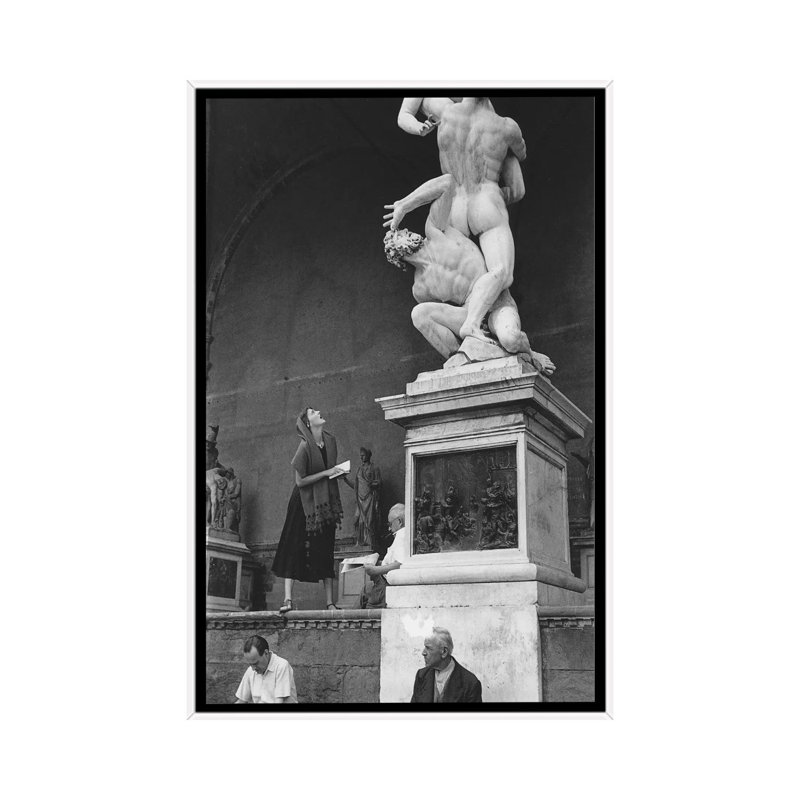American Girl Series Staring At Statue Florence, Italy 1951 by Ruth Orkin - Print on Canvas, White Framed