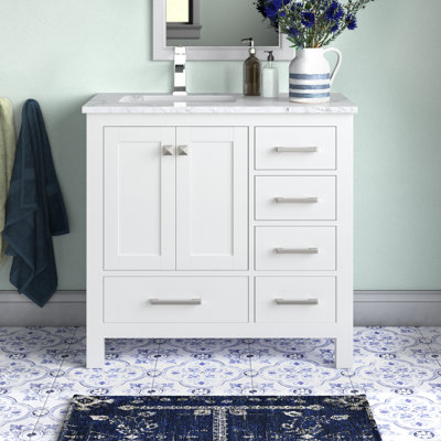 Meuble-lavabo autoportant 36 po Anvay en blanc mat avec plateau en marbre de Carrare