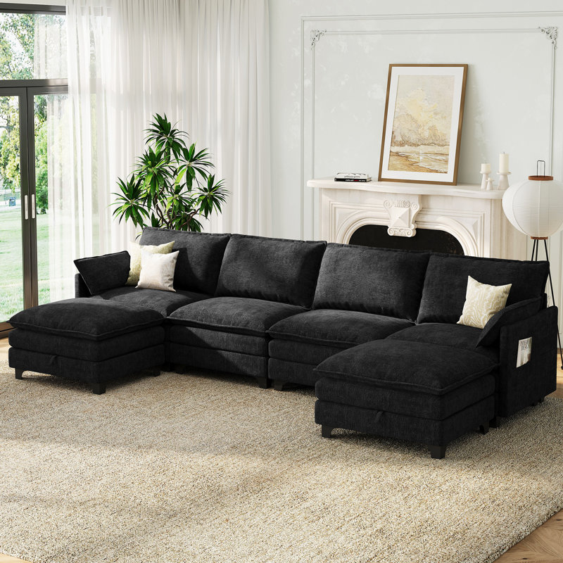 140” Comfy Cloud Couch U Shaped Sectional Sofa with Two Ottomans, Dark Gray Chenille
