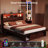 Farmhouse Full Size Bed Frame With Storage Headboard,Charging Station & LED Lights,Brown-1895768080