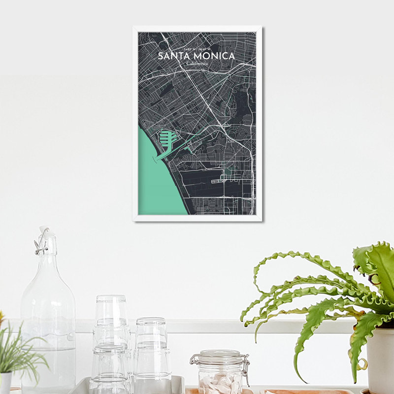 Santa Monica, carte de la ville, impression, H 17 po x l 11 po, Vert/gris