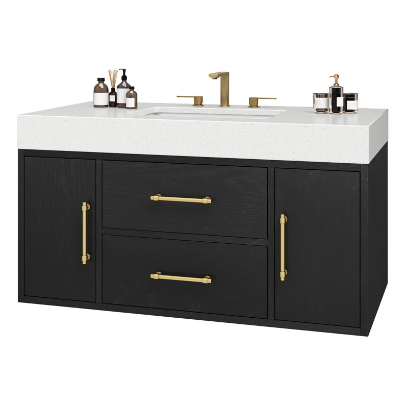  Meuble-lavabo mural 40 po avec comptoir en pierre de quartz et lavabo en céramique, Noir