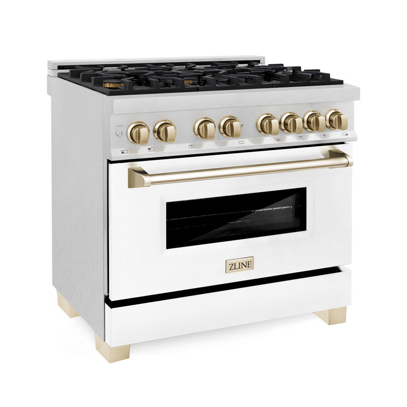 ZLINE Autograph Edition 36 in. 4.6 cu. ft. Legacy Dual Fuel Range with 6 Burner Gas Cooktop and Electric Convection Oven in Satin Stainless Steel with White Matte Door