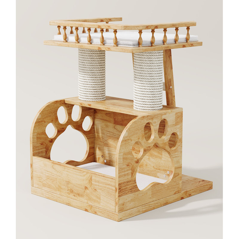 Solid Wood Cat Tree Tower, Small Wooden Cat Tree with Cat Condo for Indoor Cats, Modern Cat Furniture, Sisal Scratching Posts and Raised Perches, 25"