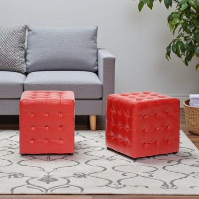 Bijou Set of 2 Cube Ottomans with Faux Leather Upholstered in Red, 14.6" H X 14" W X 14" D