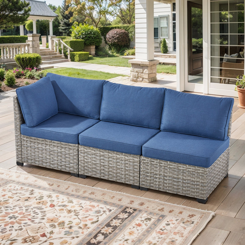 Clute Arnoltice 78.7" Wide Outdoor Wicker Rattan Deep Seating Patio Sofa With Single Arm And Cushions, Blue