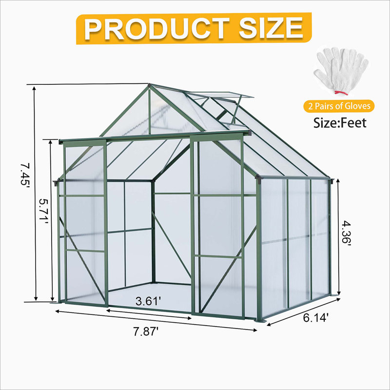 Double Door Polycarbonate Greenhouse Raised Base And Anchor Aluminum Heavy Duty Walk-In Greenhouses, Green