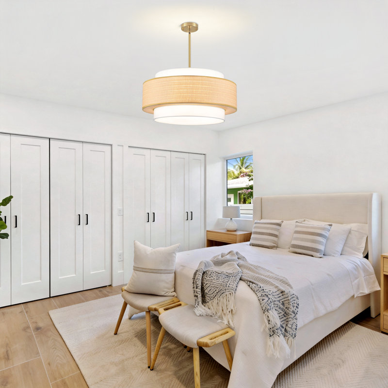 Lustre tambour en rotin 5 lumières avec abat-jour en tissu Boho pour salle à manger, salon, îlot de cuisine, chambre à coucher, couloir, vestibule