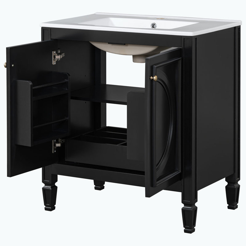 Meuble-lavabo de salle de bain avec lavabo, tiroir fonctionnel, tablette de porte, Noir, noir, noir, noir