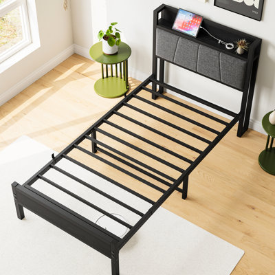Structure de lit simple avec tête de lit avec rangement, plateforme facile à installer et prises de courant d'une hauteur de 6,69 po, fonctionnelle