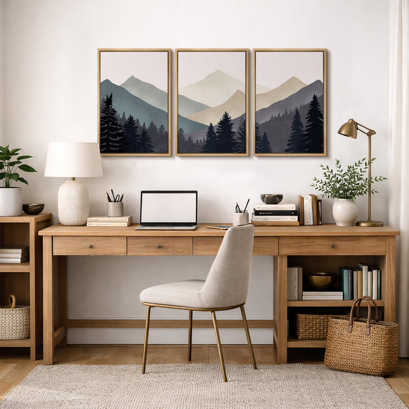 «Sun Mountain Landscape», œuvre abstraite de forêt neutre, images murales minimalistes modernes, impression sur toile encadrée, 3 pièces