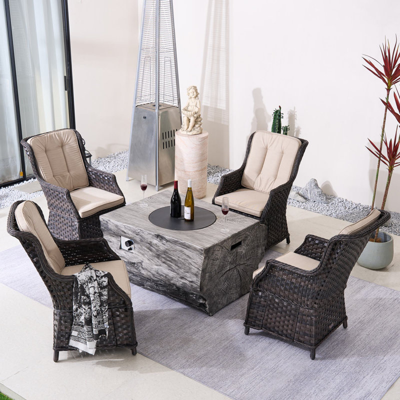 Ensemble de conversation d'extérieur 4 personnes avec table de foyer Nouriah, Beige, Gris / Brun