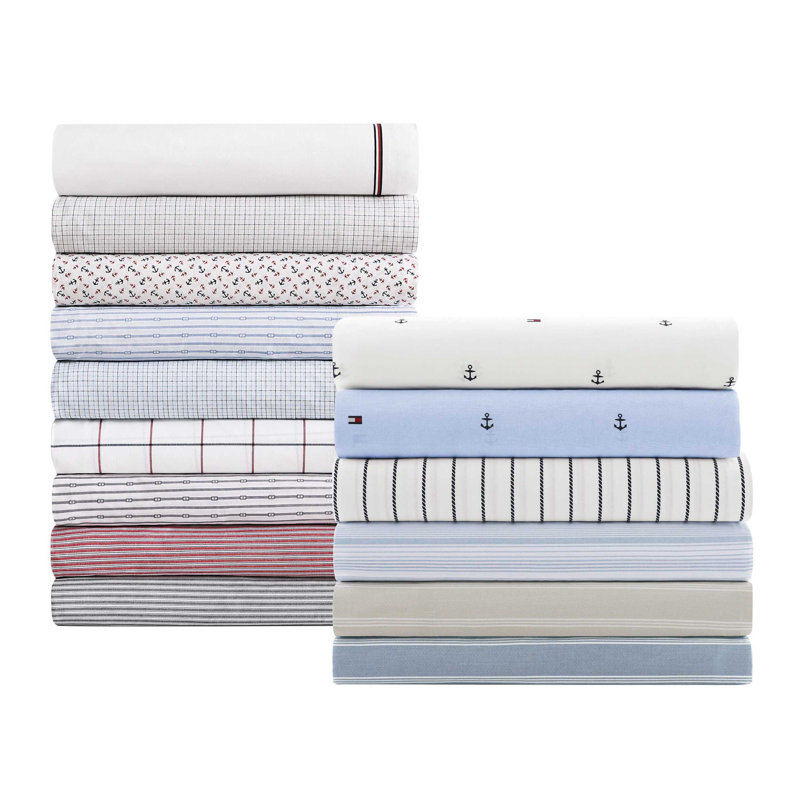 Tommy Hilfiger Printed Percale Cotton Sheet Set, Full Sheet Set with 2 Pillowcases, Beige Striped