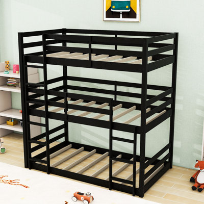 Twin Over Twin Over Twin Wood Triple Bunk Bed With Guardrails & Ladders, Detachable Design