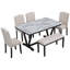 Table de salle à manger de style moderne 6 pièces avec 4 chaises et 1 banc, table avec placages marbrés et pieds en V