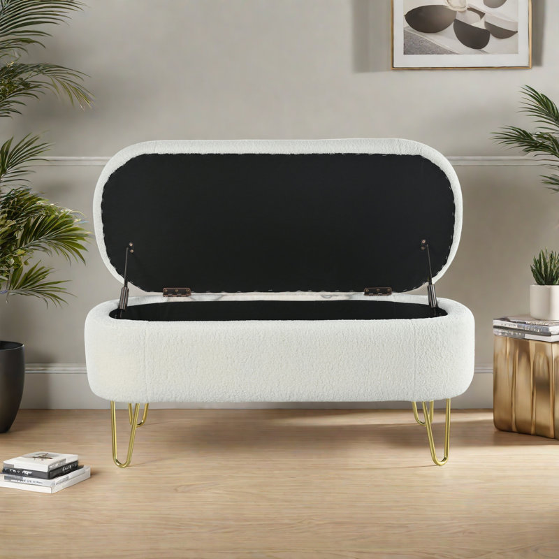 Banc de rangement ovale pour la chambre à coucher au bout du lit, repose-pieds avec rangement et repose-pieds, Crème, crème