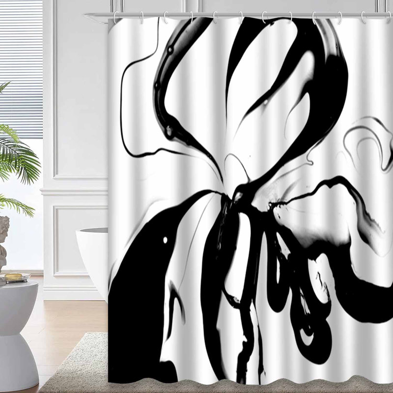 Rideau de douche noir abstrait blanc avec 12 crochets, 72" L x 78" W