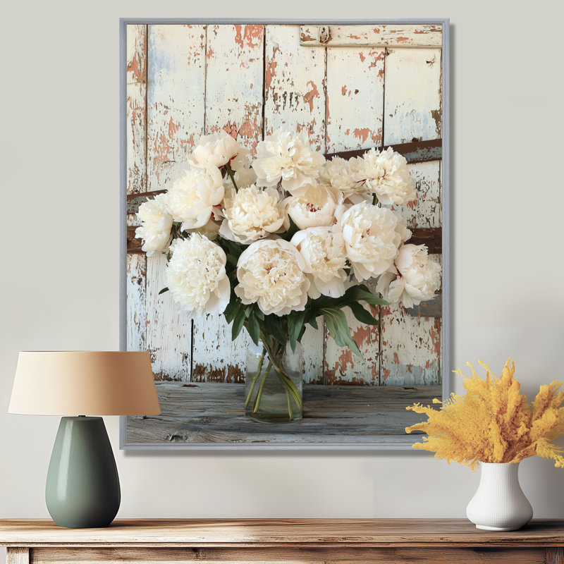 Photo pivoines par la grange laitière I - pivoines, reproduction d'art sur toile, H 44 po x l 34 po, Argent argent