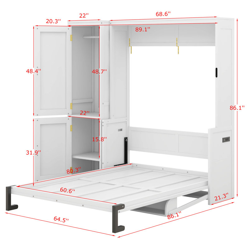 Grand lit escamotable avec garde-robe et bureau, lit escamotable mural peu encombrant avec vérin à gaz, station de recharge pour petits espaces