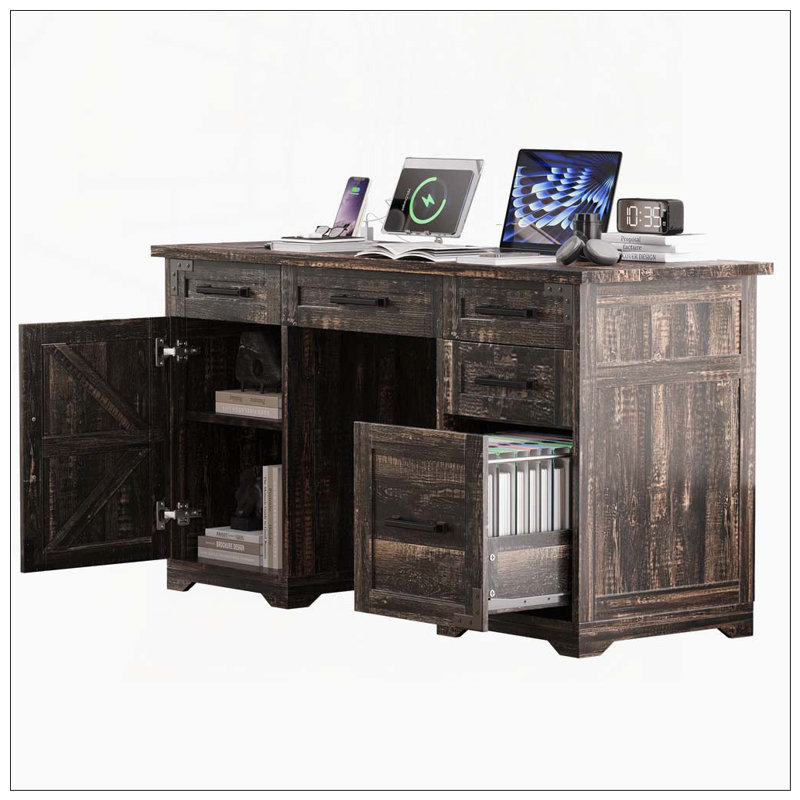 Bureau de direction 55 po avec station de charge et prise de courant, Gris