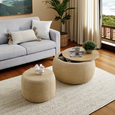 25"x25"x14.7" Round Storage Ottoman (natural) – Woven Rattan 2-in-1 End Table/ottoman, Hidden Storage Space, Small Seat Function, No Assembly Required For Living Room/bedroom/study