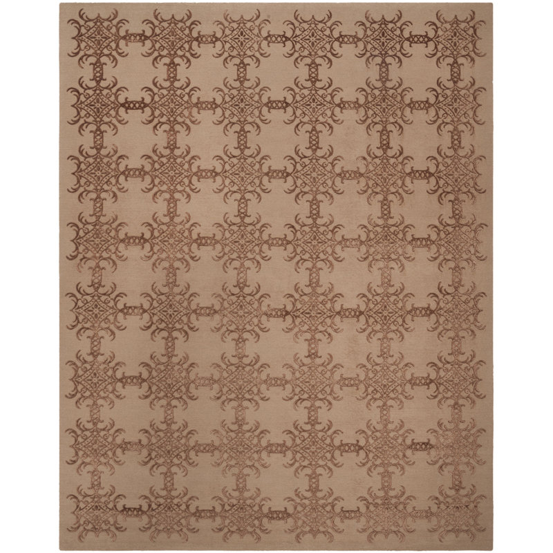 Tapis géométrique en laine / soie noué à la main brun / beige, Rectangle 5 pi 6 po x 8 pi 6 po