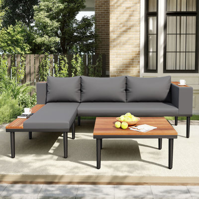 Canapé modulaire en L pour patio avec méridienne et table basse, coussins amovibles