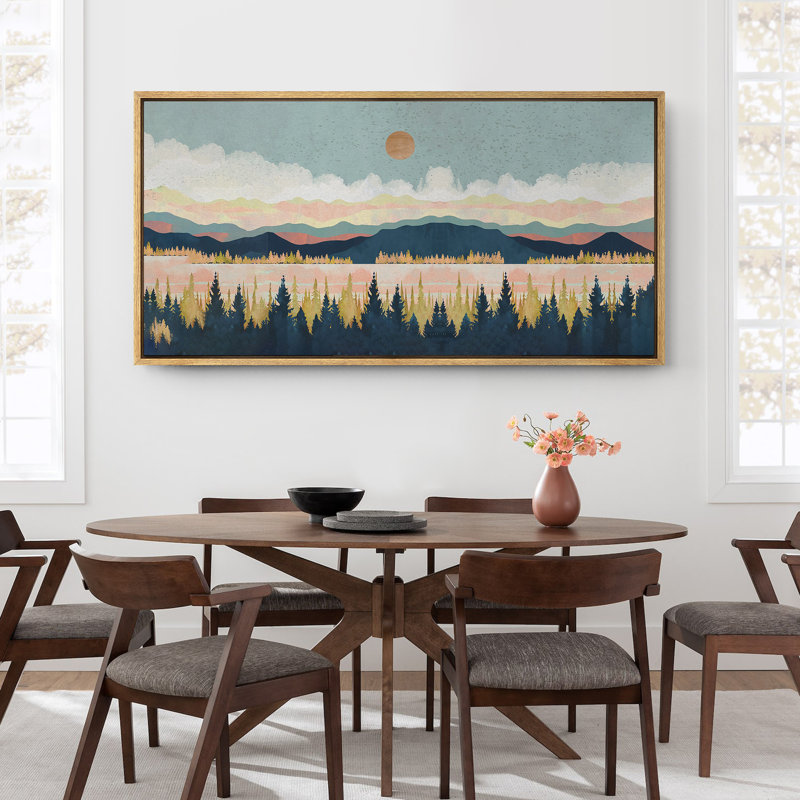 «Pastel Gradient Mountain Lake with Lush Forest», reproduction d'art sur toile encadrée, Cadre naturel flottant