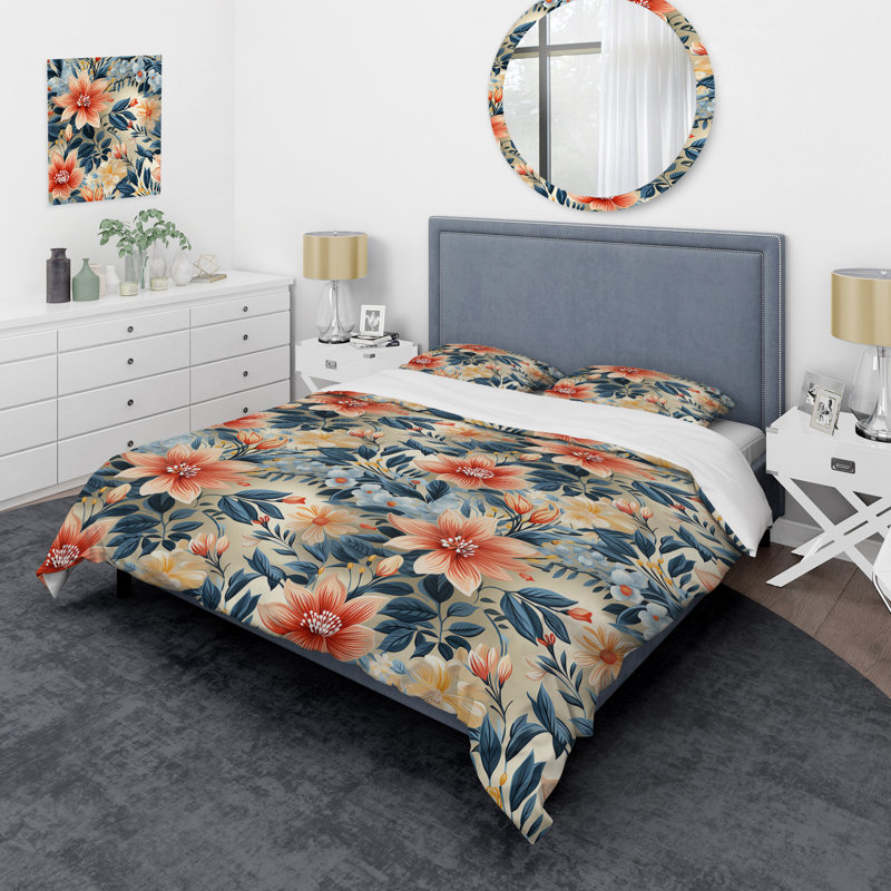 Warm Terracotta & Blue Floral Botanical Pattern II - Ensemble de housse de couette à motif floral