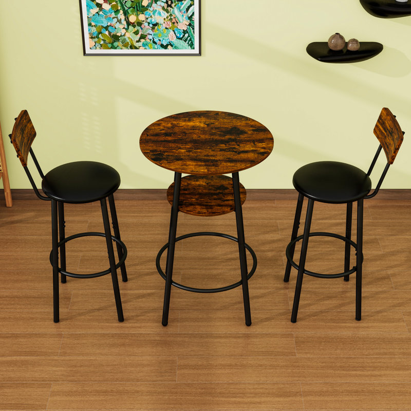 Ensemble de tabourets de bar 3 pièces avec table, tablette et 2 tabourets, Brun rustique / noir, Brun rustique